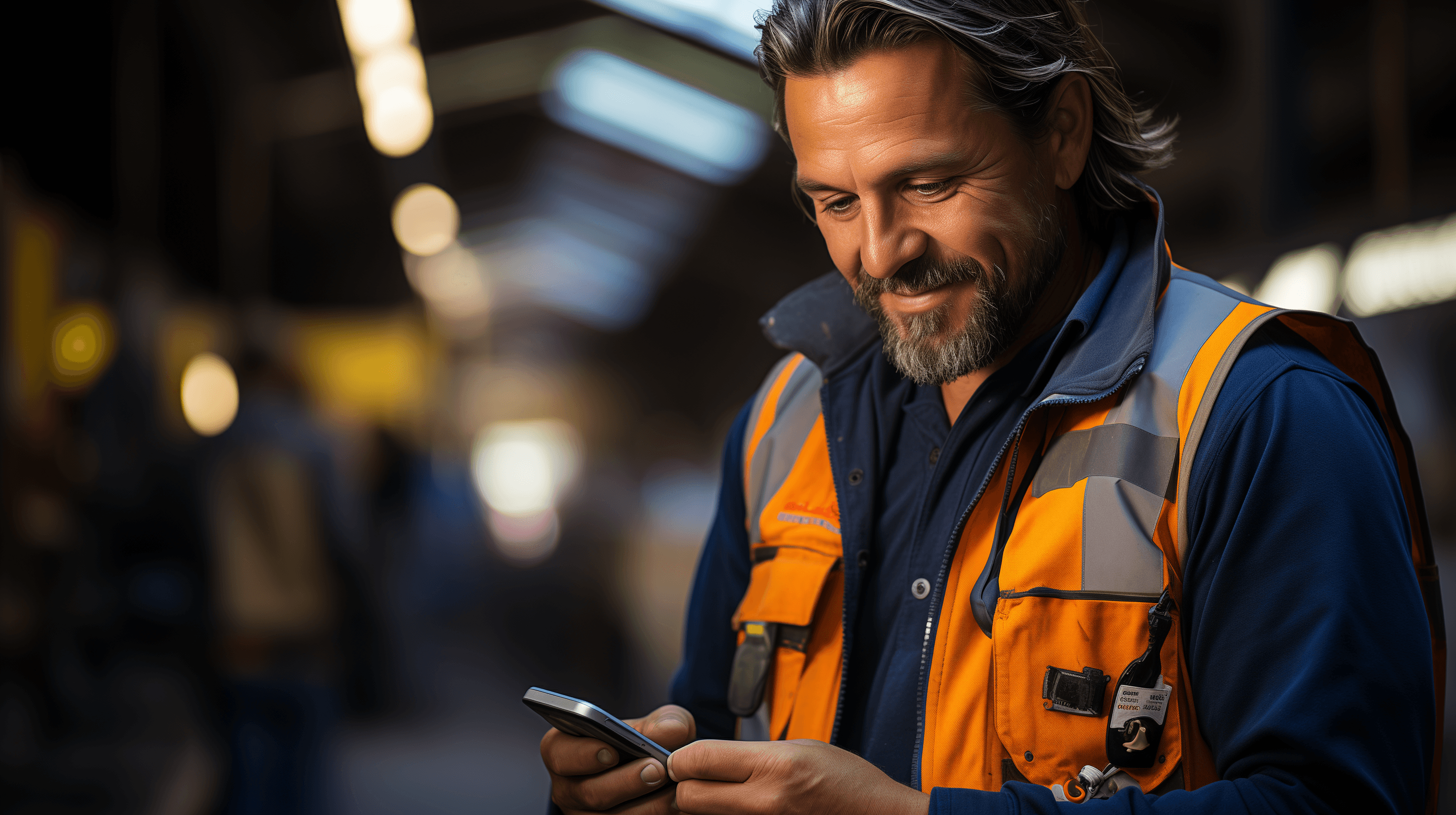 Happy tradie checking their phone for new bookings